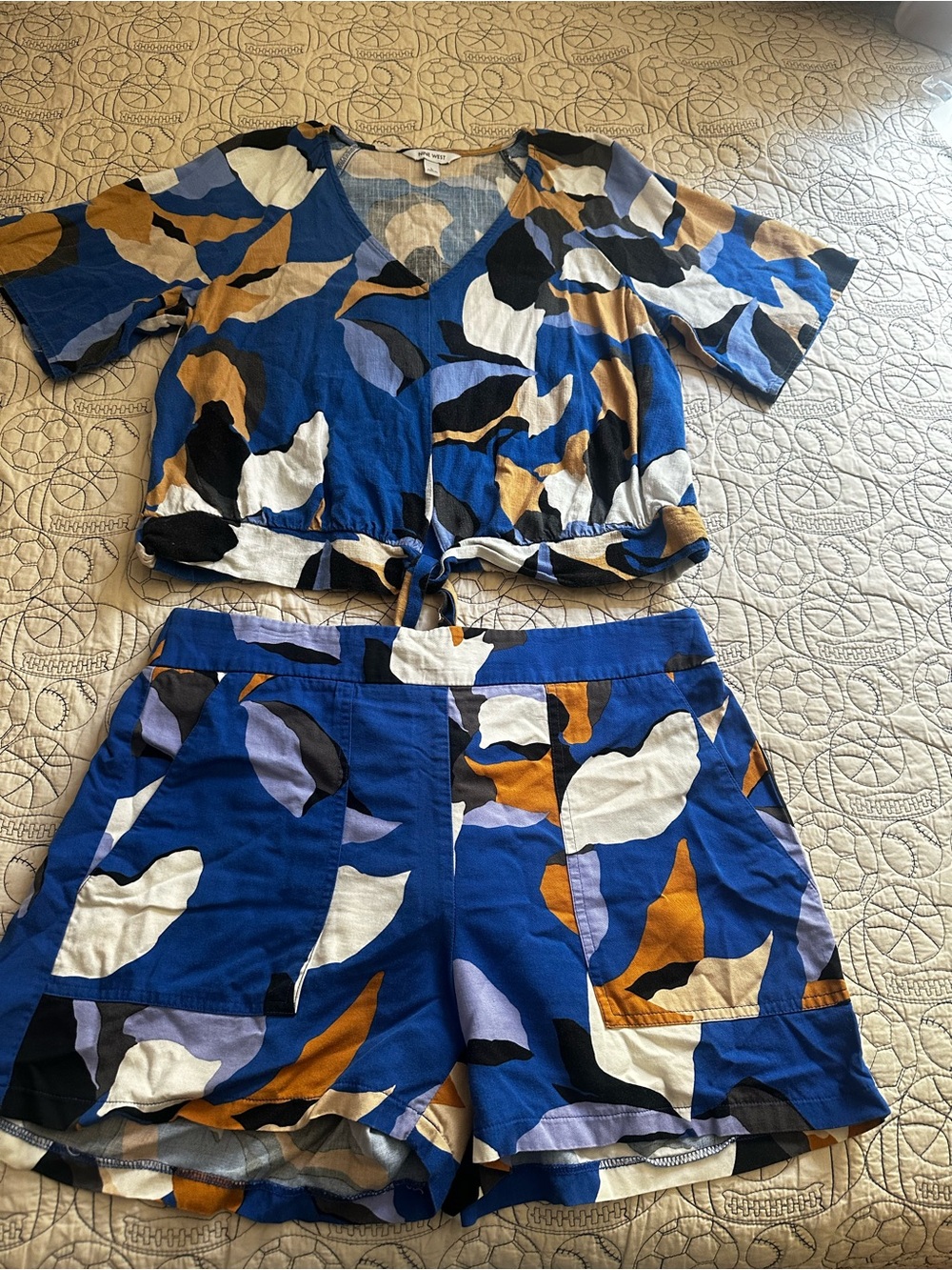 Nine West Blue, White & Mustard Abstract Print Top